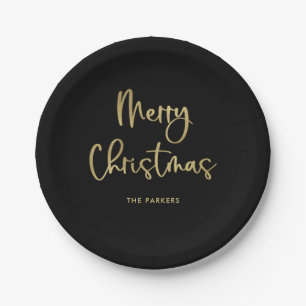Merry Christmas   Faux Gold on Black Casual Script Paper Plate