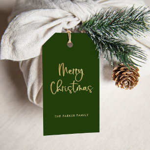 Merry Christmas   Faux Gold on Green Casual Script Gift Tags