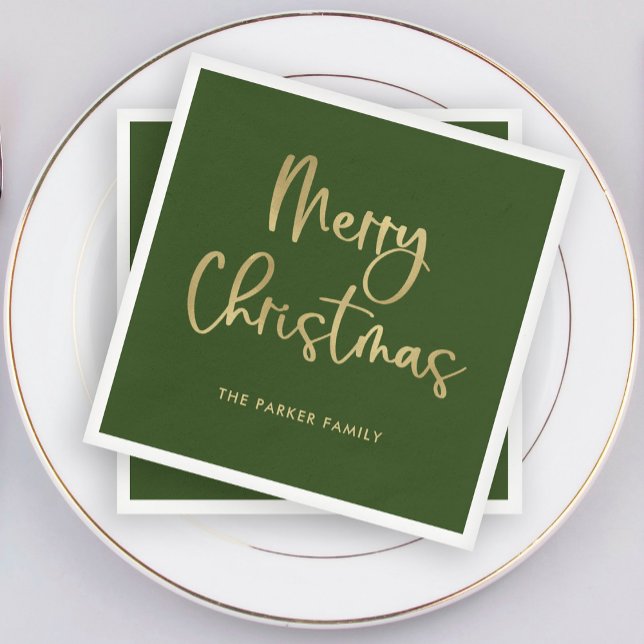 Merry Christmas | Faux Gold on Green Casual Script Napkin (Elegant green Christmas napkins with faux gold script)