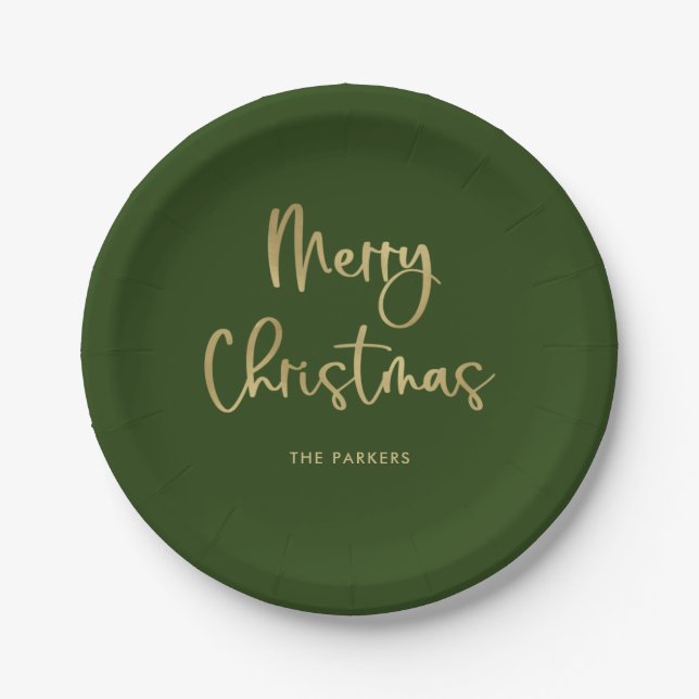 Merry Christmas | Faux Gold on Green Casual Script Paper Plate (Front)