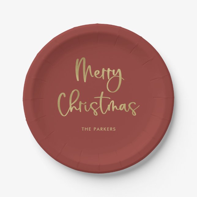 Merry Christmas | Faux Gold on Red Casual Script Paper Plate (Front)