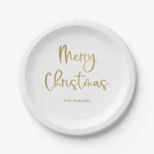 Merry Christmas   Faux Gold on White Casual Script Paper Plate
