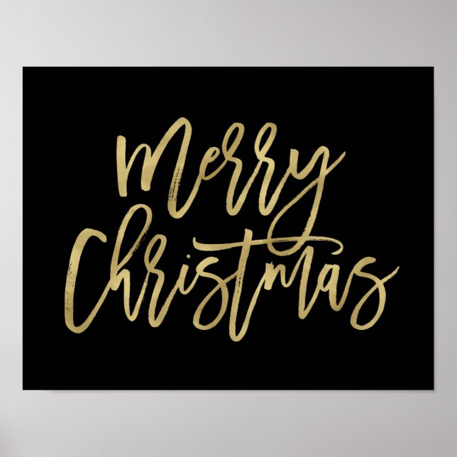 Merry Christmas | Faux Gold Typography on Black Poster (Front)