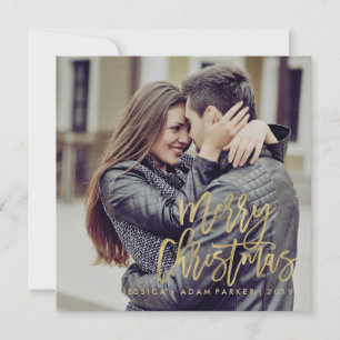 Merry Christmas Faux Gold Typography with Photo Holiday Card