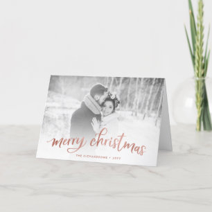 Merry Christmas   Faux Rose Gold with Photo Holiday Card