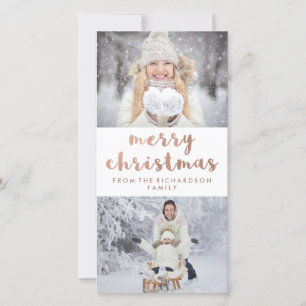 Merry Christmas   Faux Rose Gold with Two Photos Holiday Card
