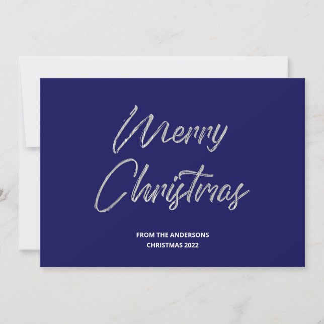 Merry Christmas Faux Silver Foil and Blue Holiday Card (Front)