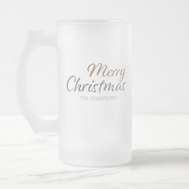 Merry Christmas Faux Silver & Gold Glitter Custom Frosted Glass Beer Mug (Left)
