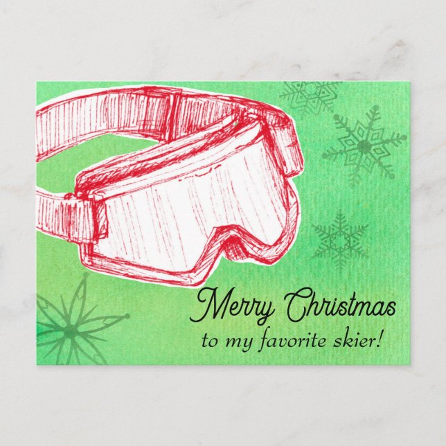 Merry Christmas Favourite Skier Goggles Green Holiday Postcard (Front)