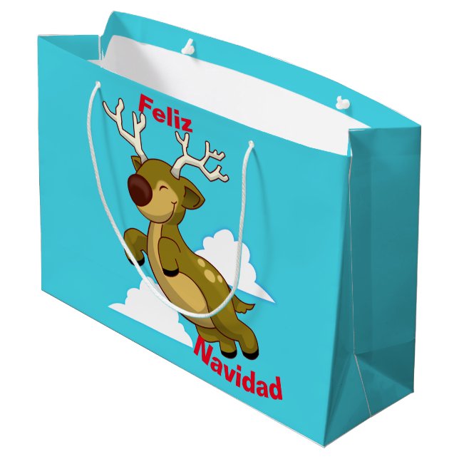 Merry Christmas - Feliz Navidad Flying Reindeer Large Gift Bag (Back Angled)