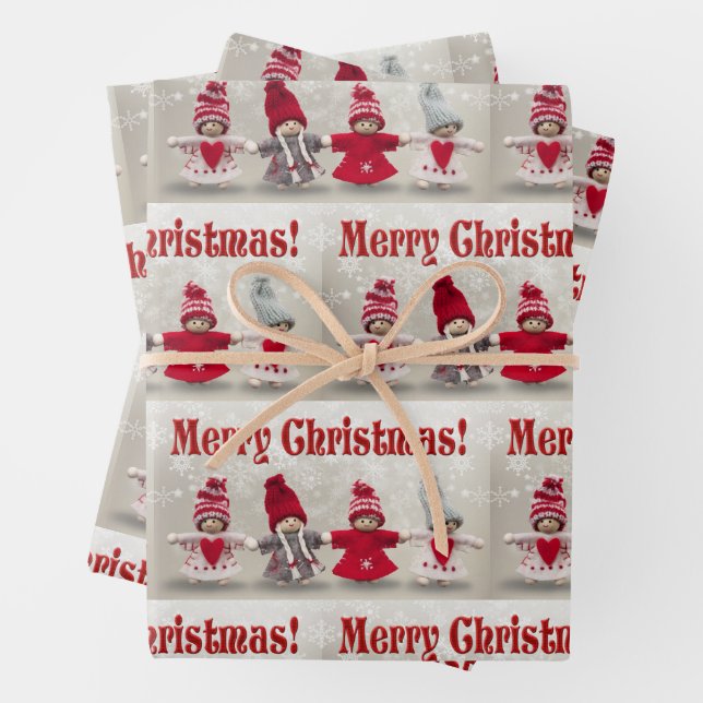 Merry Christmas Felt Dolls in Red w Snow 3 Wrapping Paper Sheet (In situ)