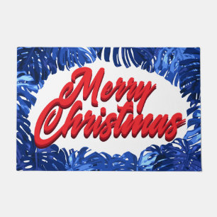 Merry Christmas Festive Blue Red Tropical Leaves Doormat