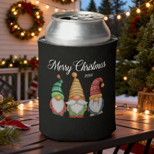 Merry Christmas Festive Colourful Gnomes Black Can Cooler