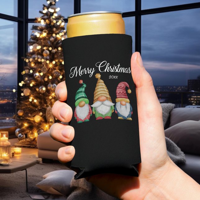 Merry Christmas Festive Colourful Gnomes Black Seltzer Can Cooler (Creator Uploaded)