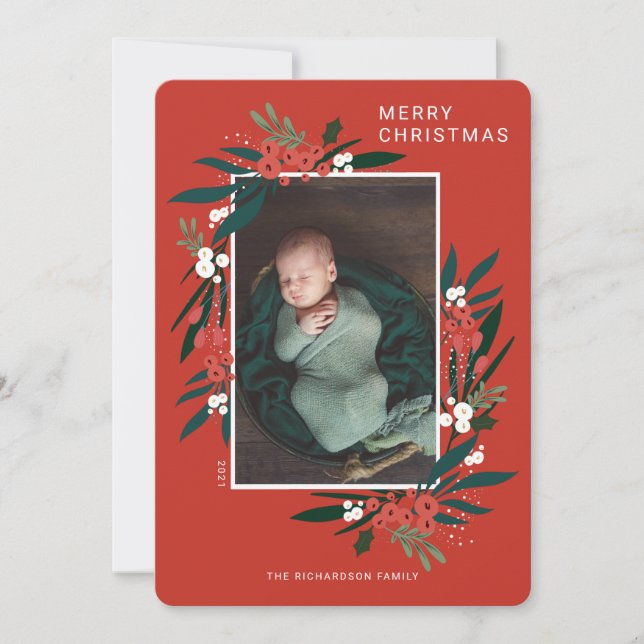 Merry Christmas Festive Cranberry & Foliage Photo Holiday Card (Front)