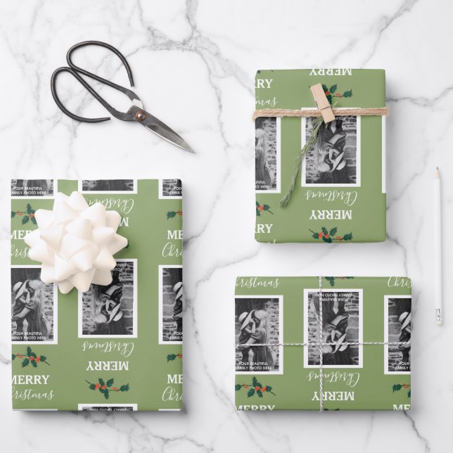 Merry Christmas Festive Customised Photo - Green Wrapping Paper Sheet (Front)