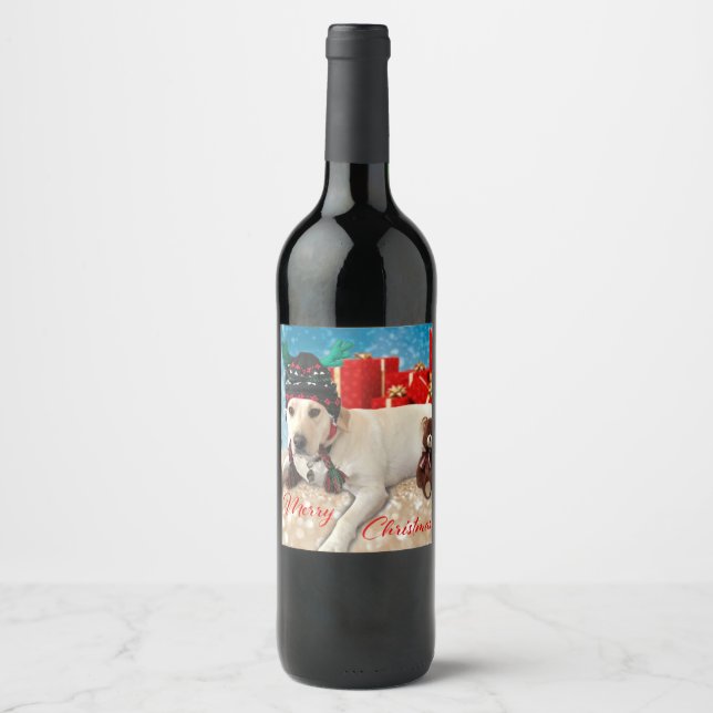 Merry Christmas Festive Cute Dog with Antlers  Wine Label (Front)