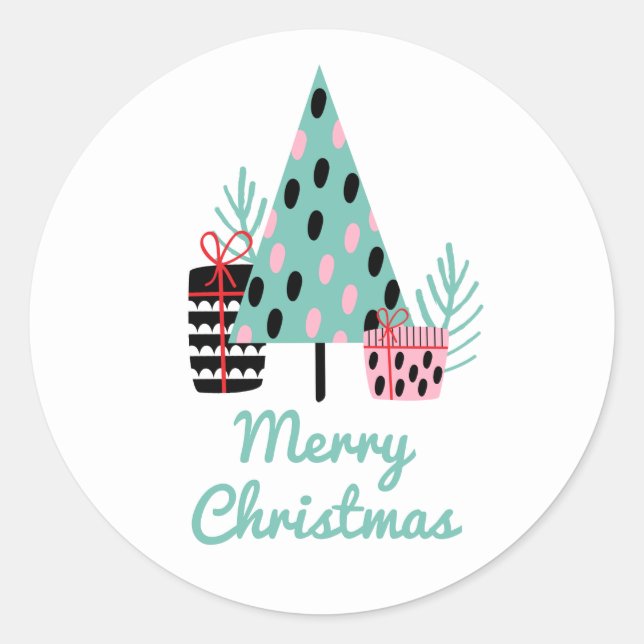 Merry Christmas | Festive Cute Modern Holiday Tree Classic Round Sticker (Front)