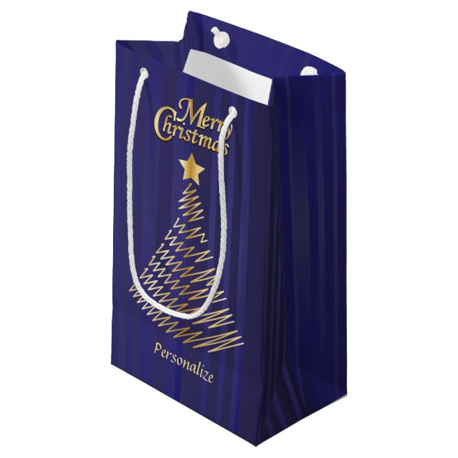 Merry Christmas Festive Dark Blue and Gold Tree Small Gift Bag (Front Angled)