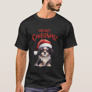 Merry Christmas Festive Dog Cute Glasses Santa Hat T-Shirt