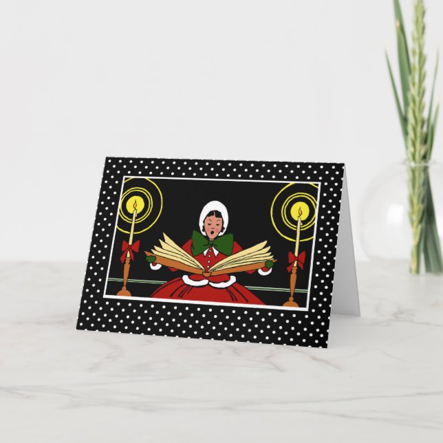 Merry Christmas, Festive Girl Singing a Carol Song Holiday Card (Front)