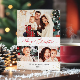 Merry Christmas Festive Gold Confetti 3 Photo Holiday Card