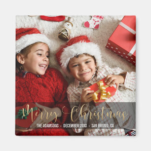 Merry Christmas   Festive Gold Typography Photo Magnet