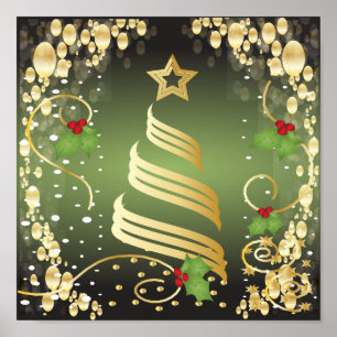 Merry Christmas Festive Green and Gold Poster
