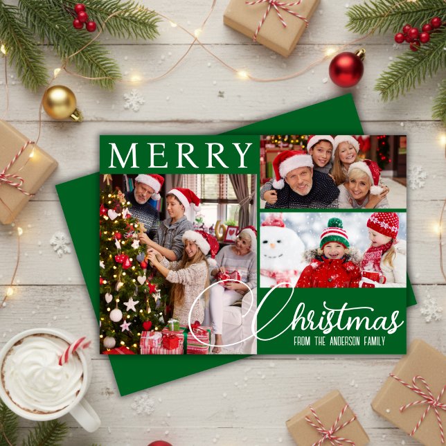 Merry Christmas Festive  Green & White Three Photo Holiday Card (Merry Christmas Festive Green & White Three Photo Holiday Card)