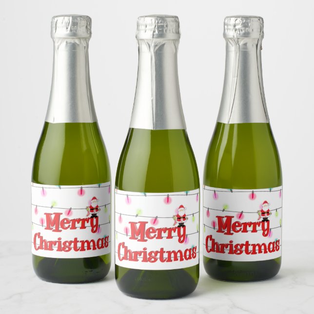 Merry Christmas Festive Holiday Lights with Santa  Sparkling Wine Label (Bottles)