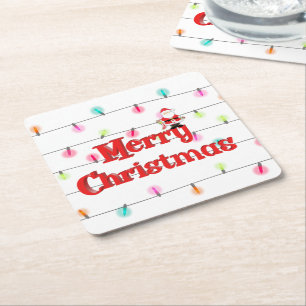 Merry Christmas Festive Holiday Lights with Santa  Square Paper Coaster