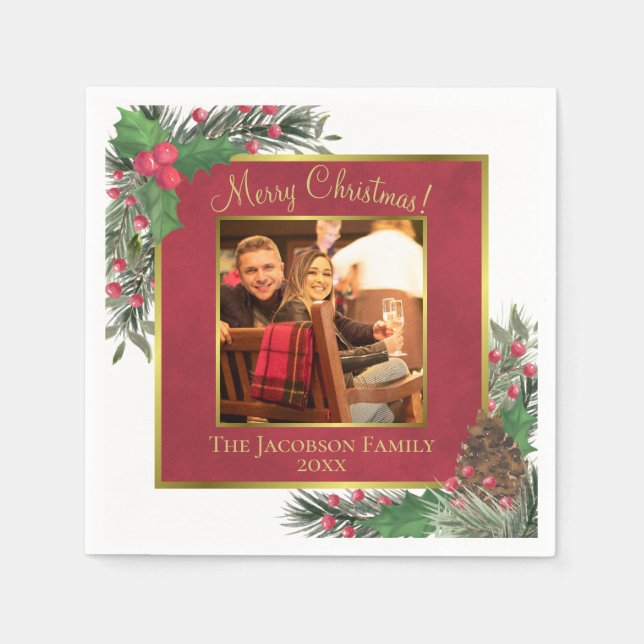 Merry Christmas Festive Holly Berries & Pine Photo Napkin (Front)
