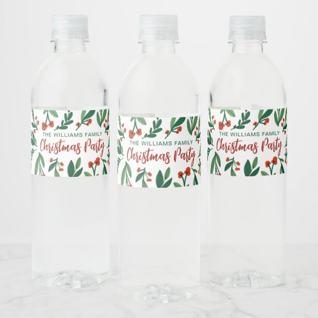 Merry Christmas Festive Holly Berry Personalised  Water Bottle Label (Bottles)