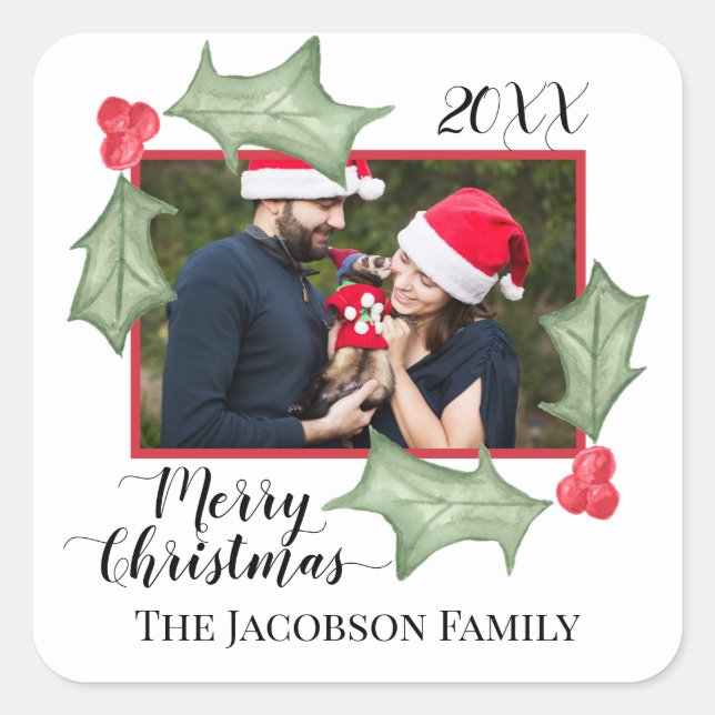 Merry Christmas Festive Holly Leaves Photo Frame Square Sticker (Front)