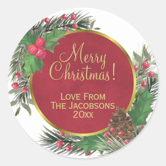 Merry Christmas! Festive Holly & Pine Holiday Classic Round Sticker (Front)