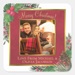 Merry Christmas! Festive Holly & Pine with Photo Square Sticker