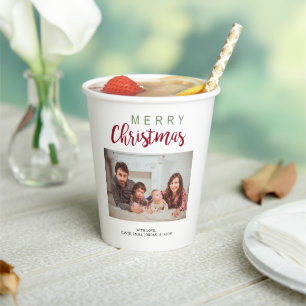 Merry Christmas Festive Lettering Family Photo Paper Cups