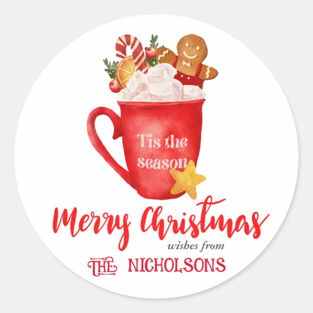 Merry Christmas Festive Marshmelllow Cup Cookie Classic Round Sticker (Front)