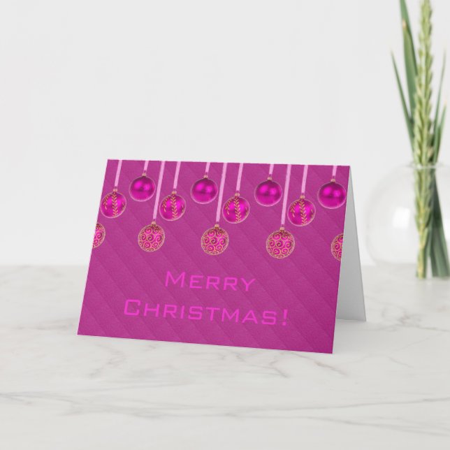 Merry Christmas Festive Pink Gold Baubles Holiday Card (Front)