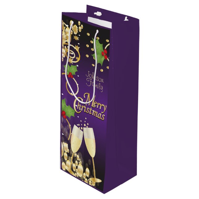 Merry Christmas Festive Purple and Gold Wine Gift Bag (Front Angled)