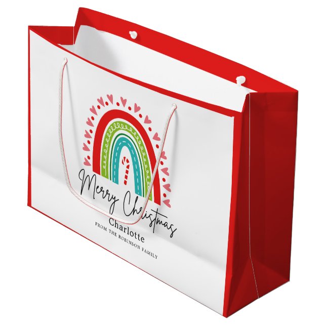 Merry Christmas Festive Rainbow Candy Cane Heart Large Gift Bag (Front Angled)