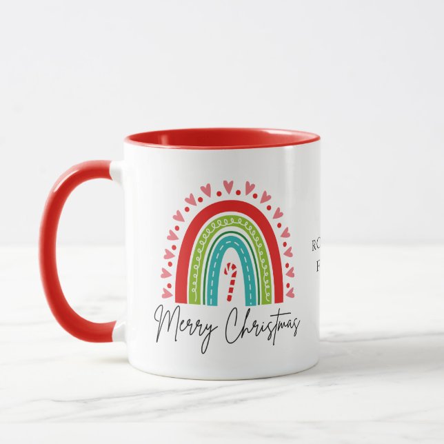 Merry Christmas Festive Rainbow Candy Cane Heart Mug (Left)