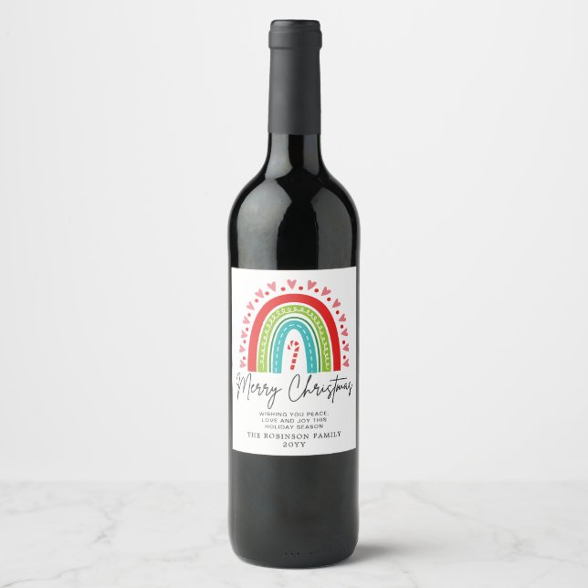 Merry Christmas Festive Rainbow Candy Cane Heart Wine Label (Front)