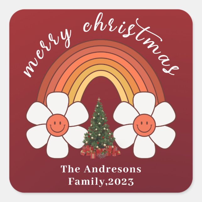 Merry Christmas festive Rainbow Personalised Square Sticker (Front)