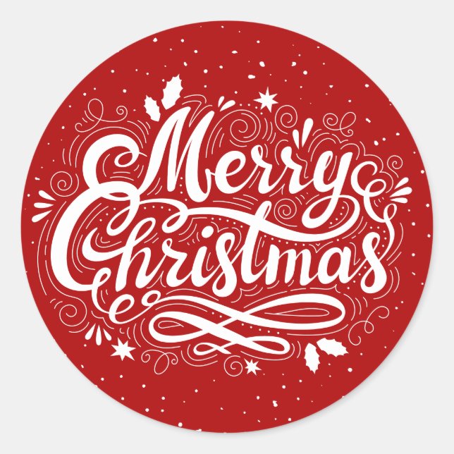 Merry Christmas Festive Red and White Classic Round Sticker (Front)