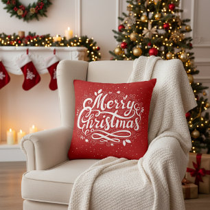 Merry Christmas Festive Red and White Holiday Cushion