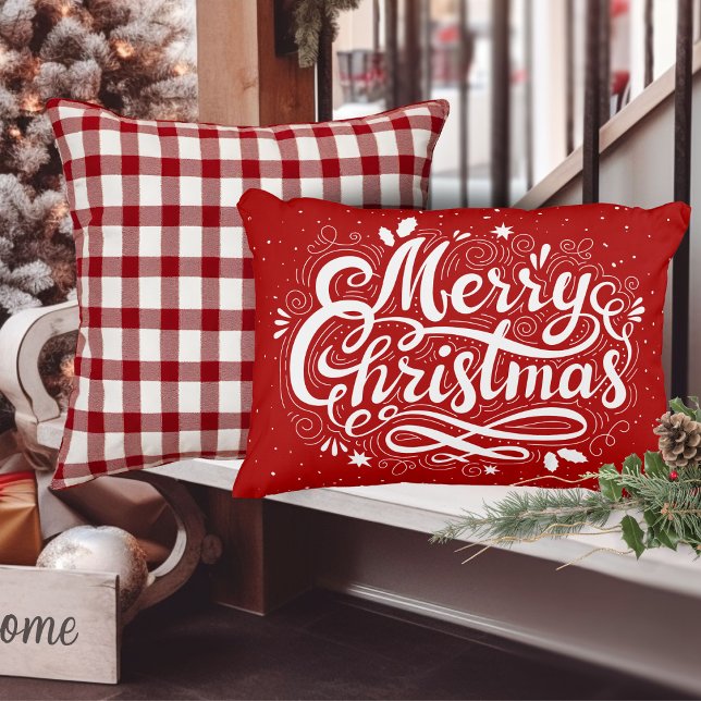 Merry Christmas Festive Red and White Holiday Decorative Cushion (Merry Christmas Festive Red and White Holiday Accent Pillow)