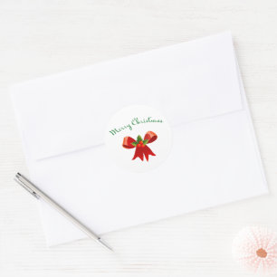 Merry Christmas Festive Red Bow Round Sticker