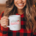 Merry Christmas Festive Retro Pink Red Add Name    Coffee Mug<br><div class="desc">This cute, girly Merry Christmas design was created using a fun modern script font and my hand lettered block font in a retro 80's style in light pink and red. It features my hand painted Santa hat with holly and berries for a festive holiday look. Add your name to personalise...</div>