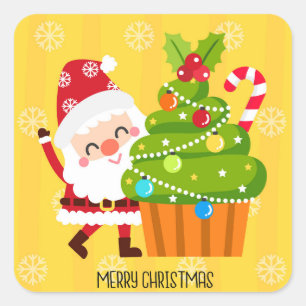 Merry Christmas Festive Santa Cupcake Square Sticker